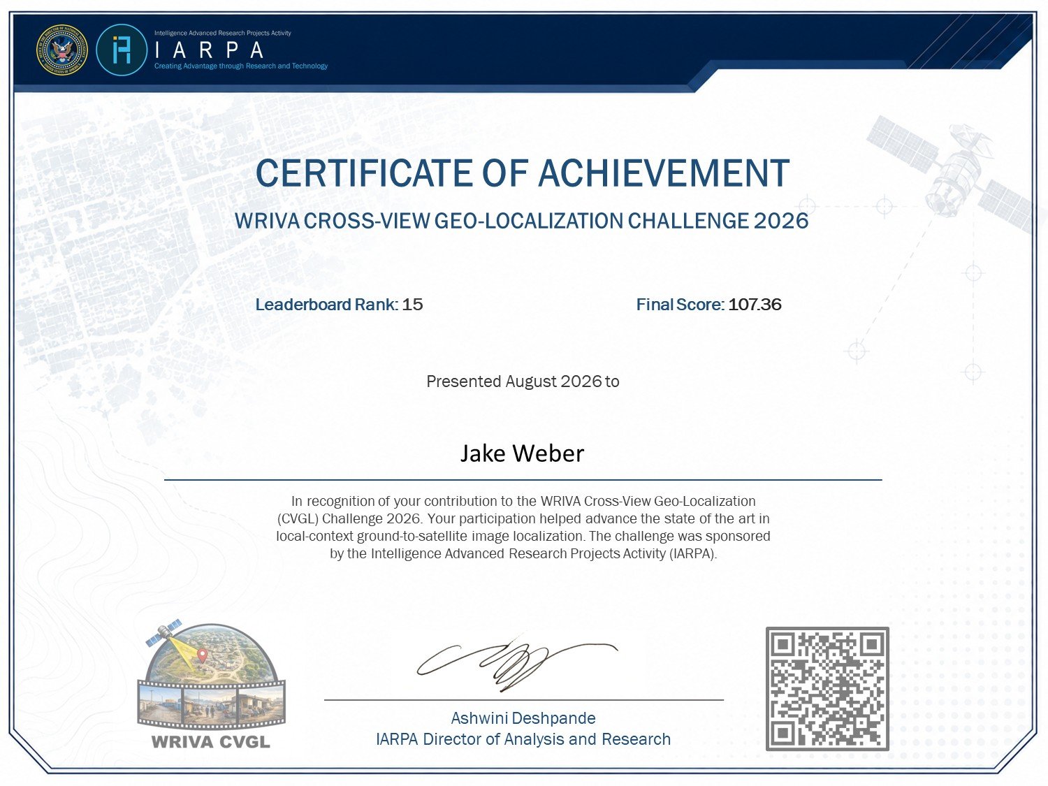 IARPA certificate of achievement: WRIVA CVGL Challenge 2026, leaderboard rank 15, final score 107.36, presented to Jake Weber